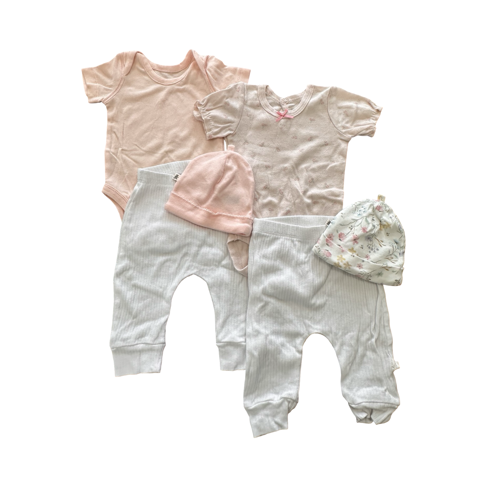 1-3M 6pc Set 2 Ribbed White Pants, Pink Bodysuits & Beanies - Woolworths