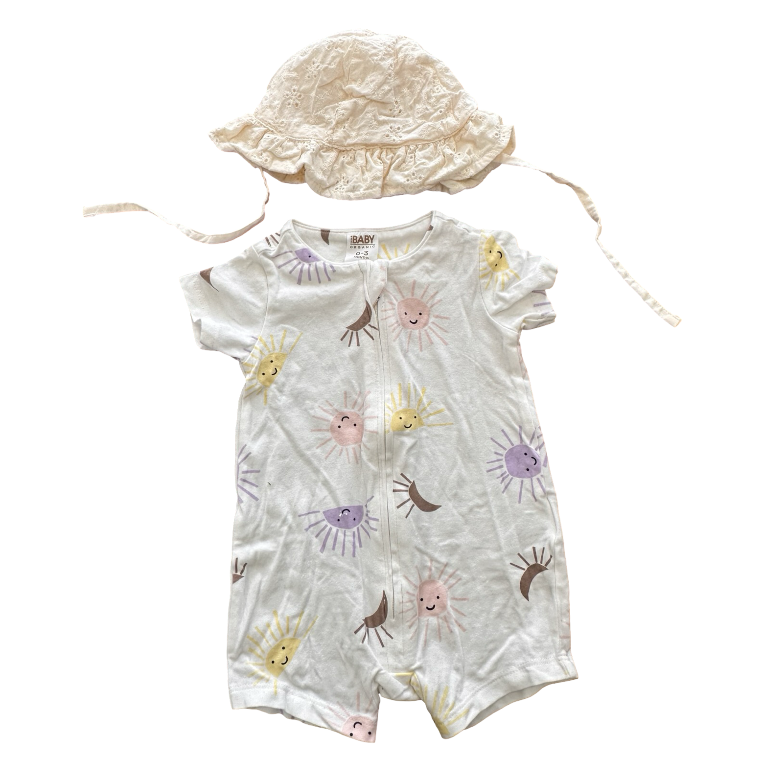 0-3M 2pc White Sunshine Set with Cotton Lace Sun Hat - Cotton On