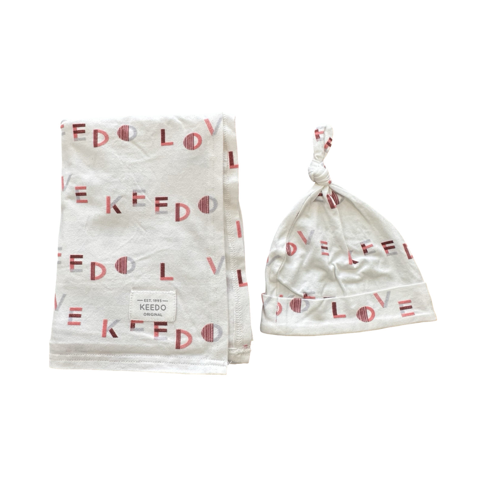 One Size White & Pink 2pc Beanie & Swaddle Stretch Cotton Blanket Set - Keedo