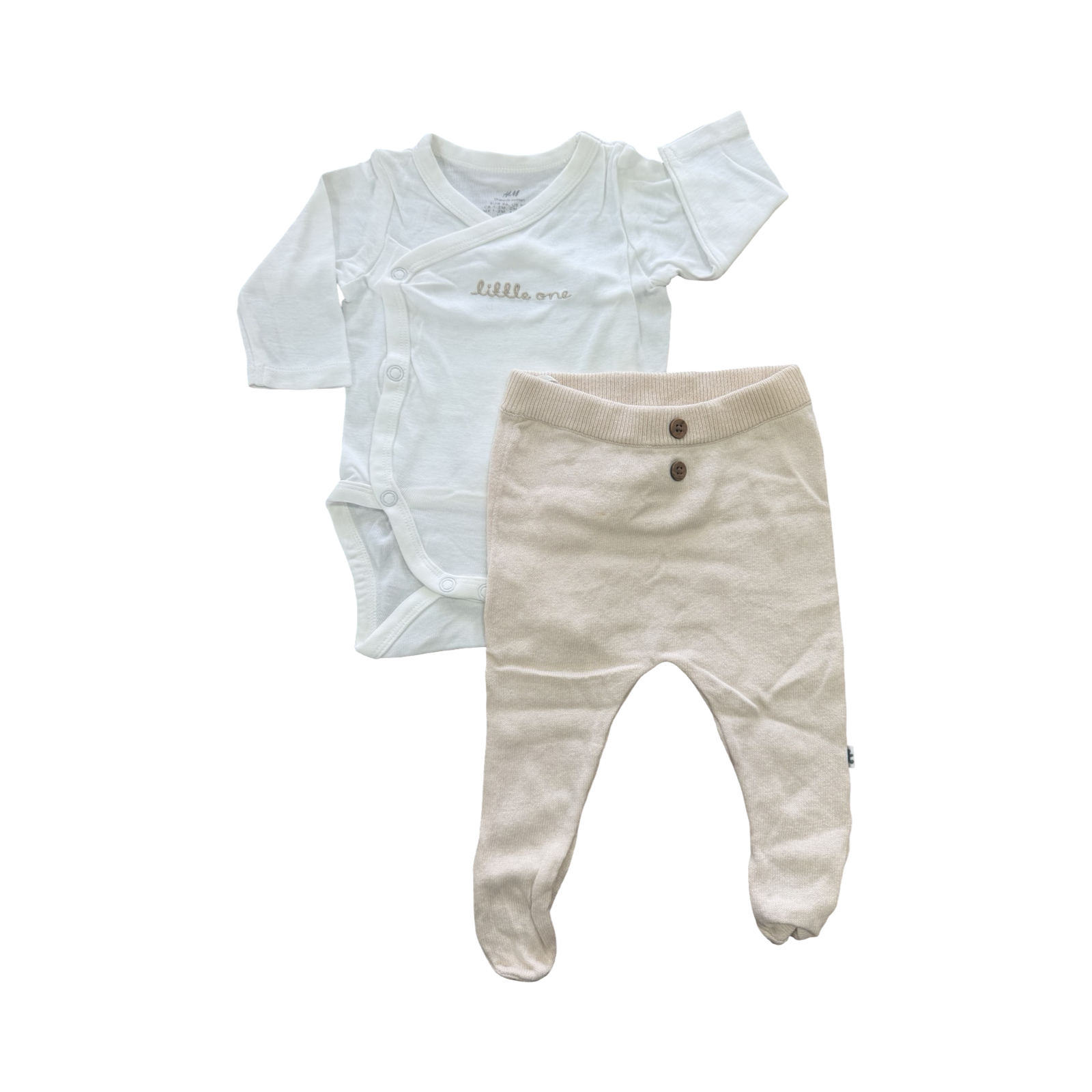 1-3M 2pc White & beige side snapper bodysuit & knitted leggings - H & M / Woolworths