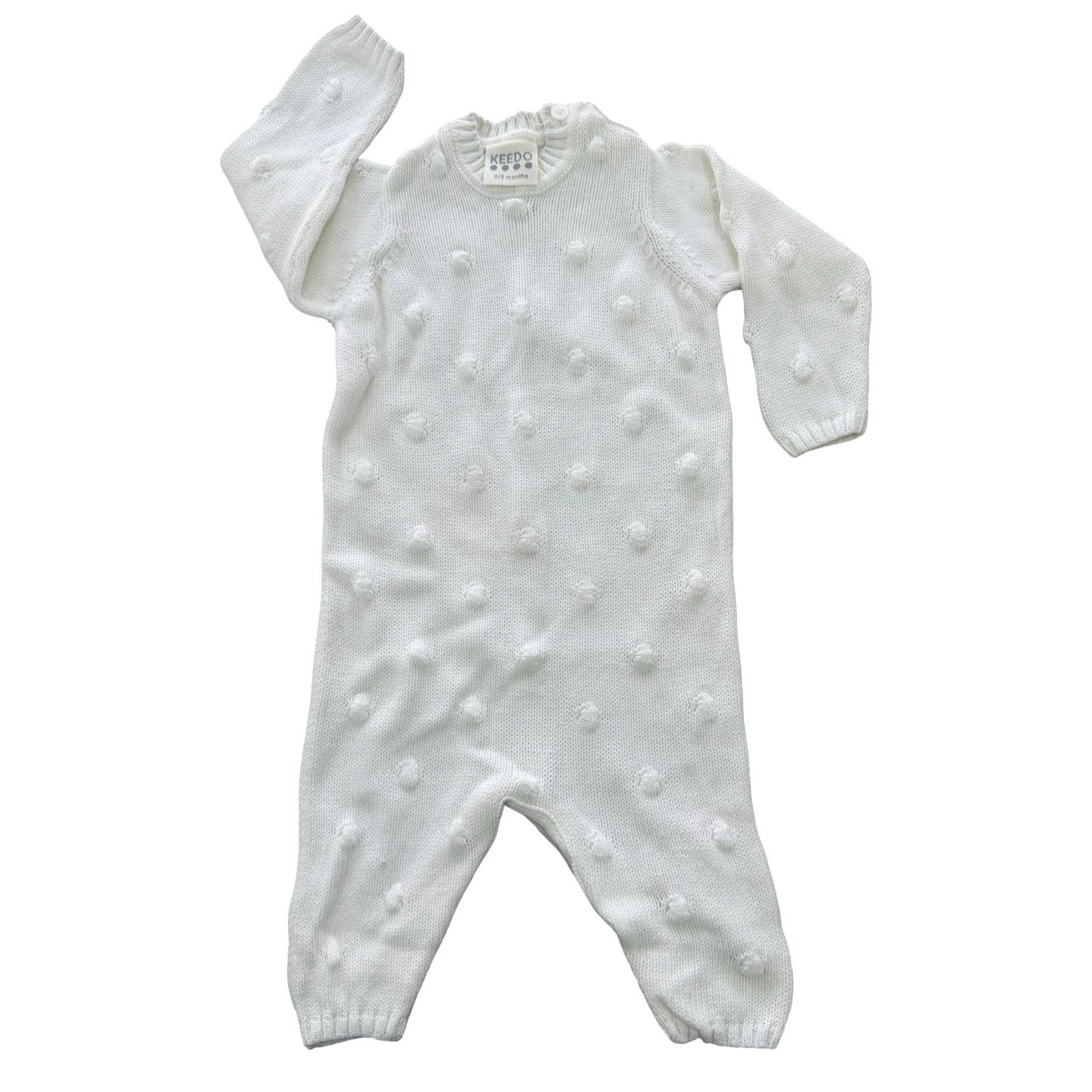 0-3M White 3D dotted knitted babygrow - Keedo
