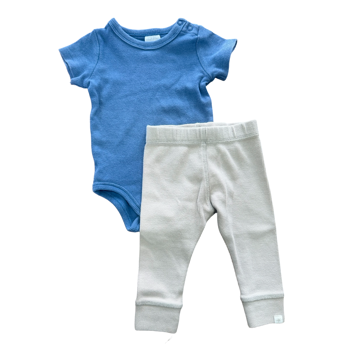 3-6M 2pc Blue & beige ribbed bodysuit and legging set - Zara / Cotton On