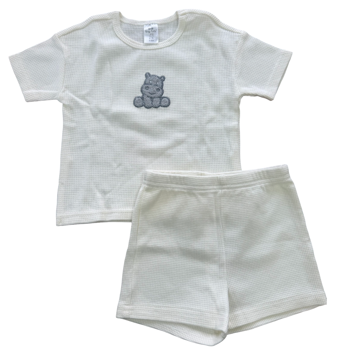 3-6M White waffle knit 2pc hippo shorts & t-shirt - Tiny Tots