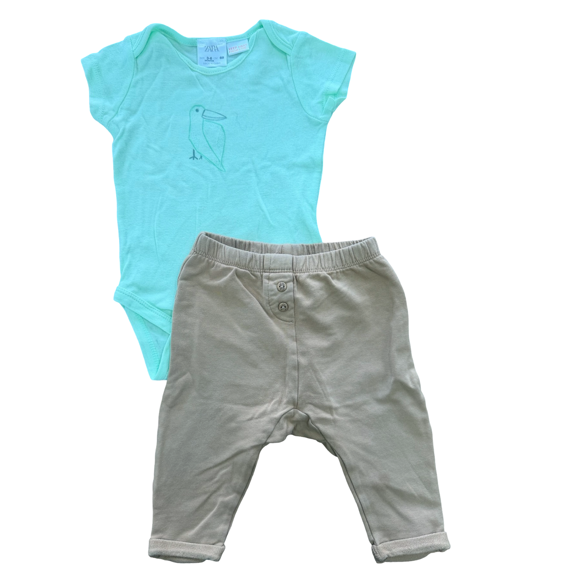 3-6M 2pc Green & Beige bird bodysuit & pants - Zara