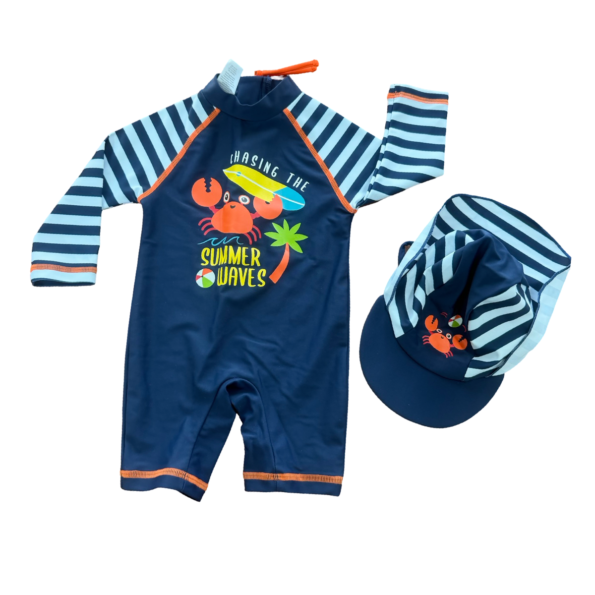*NEW* 3-6M Navy & white stripe crab boy's swimming costume & Hat - Ollies Place