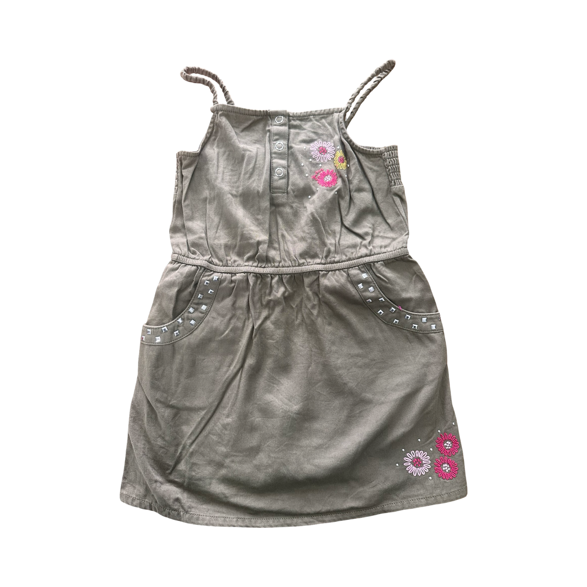 5Y Khaki Dress with Floral Embroidery Detail - Guess