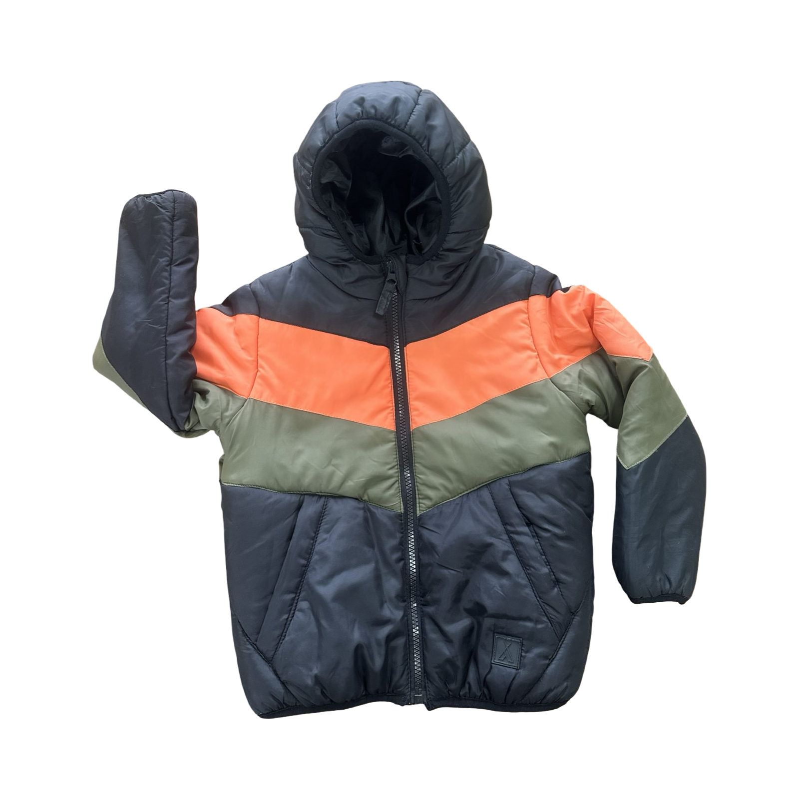 4-5Y Black, Orange and Khaki Puffer Zipper Jacket - Real Kids