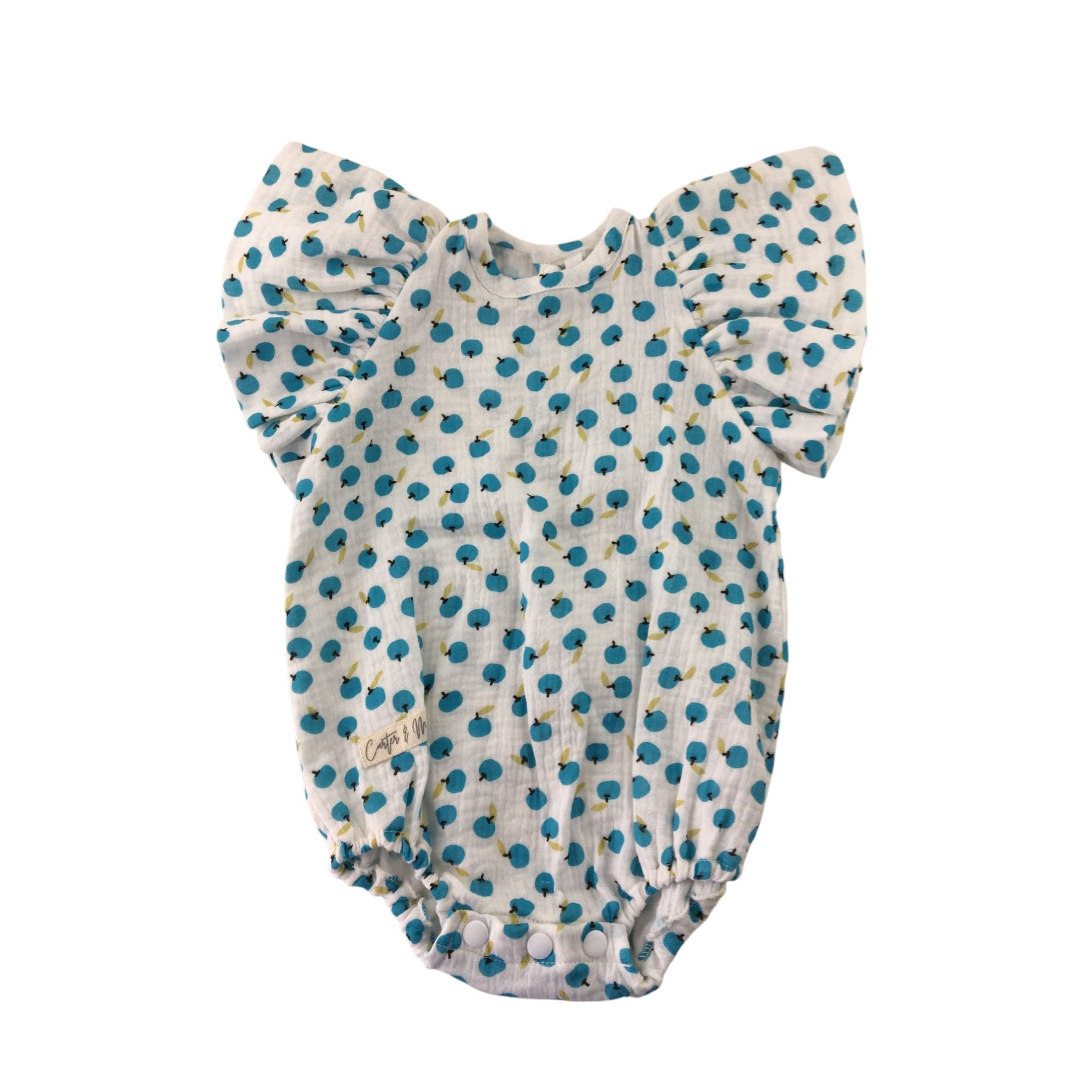 9-12 M Apple Print Muslin Flutter Sleeve Romper - Carter & Me