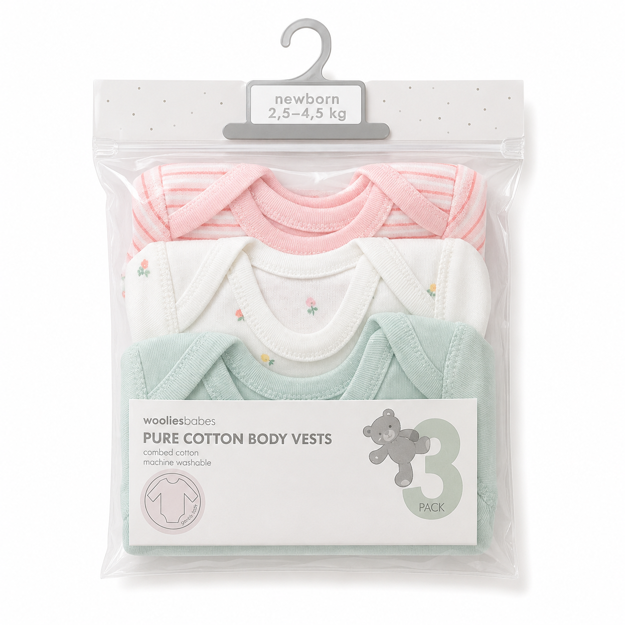 *NEW* Newborn 3pc Pure Cotton Long Sleeve Body Vests Pink, Green & White - Woolworths