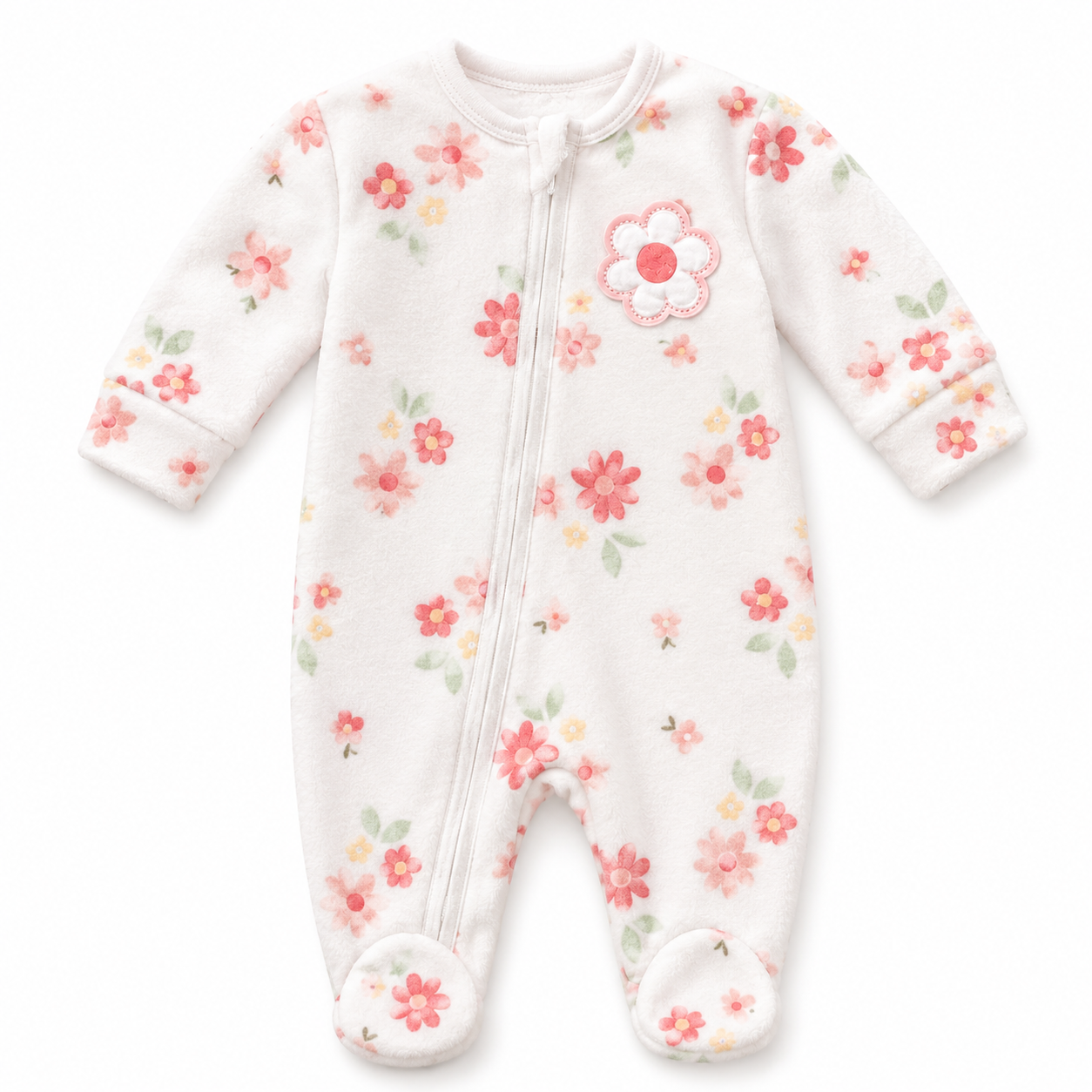 1-3M White Floral Fleece Side Zipper Onesie - Woolworths