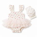 0-3M White & Pink Rose Ballerina Style Bodysuit with Tutu Skirt Attached & Headband - Cuddlesome