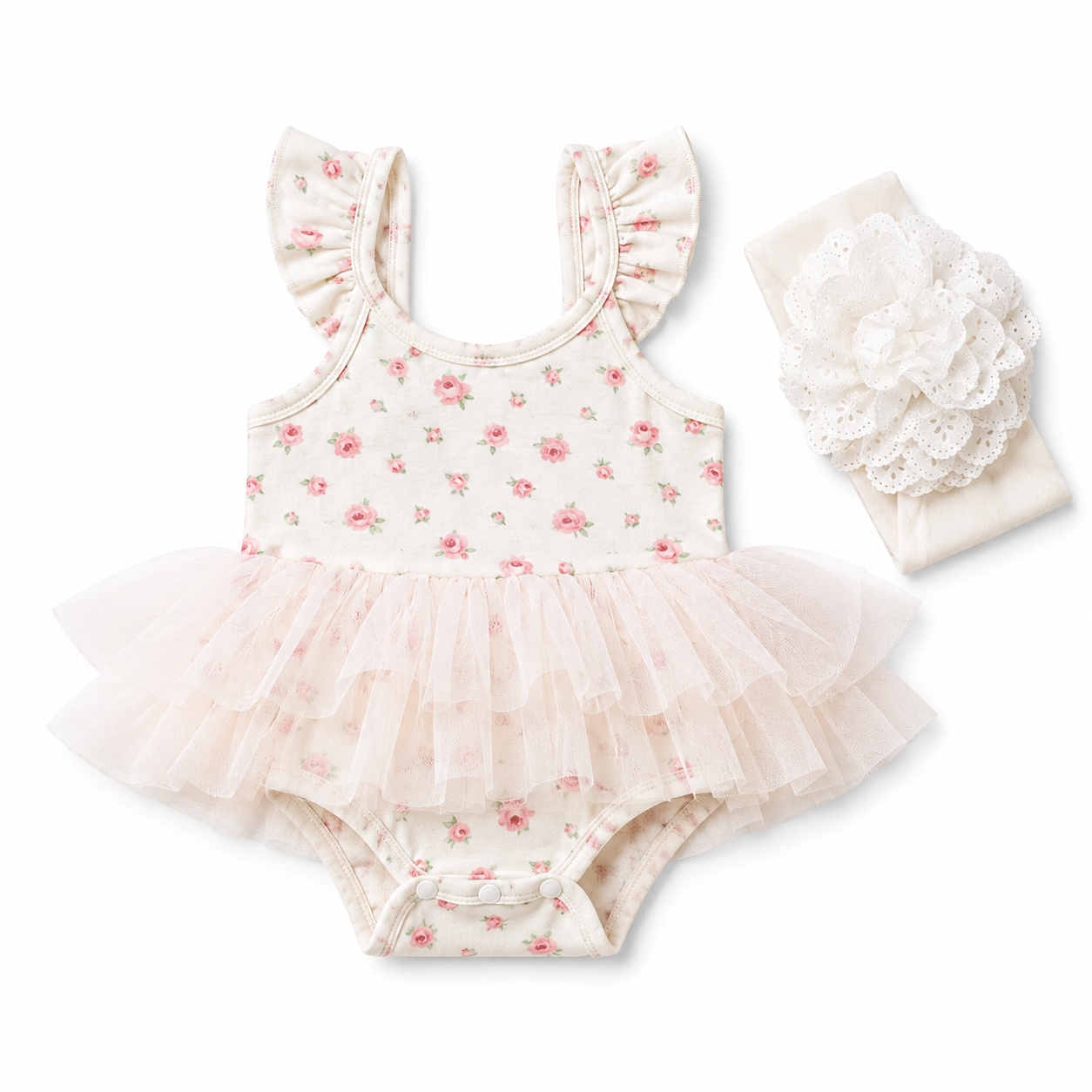 0-3M White & Pink Rose Ballerina Style Bodysuit with Tutu Skirt Attached & Headband - Cuddlesome