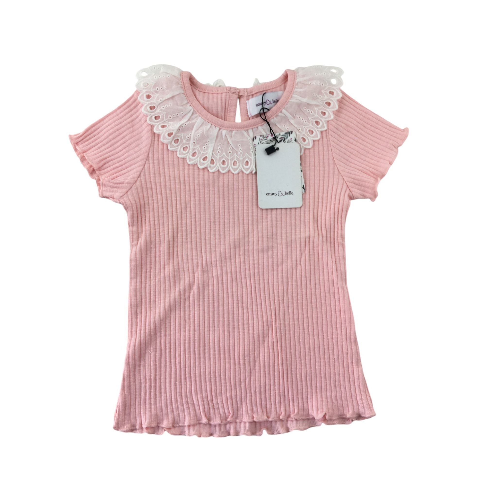 6M White & Pink Ruffled Collar Ribbed Top - Emmy & Belle