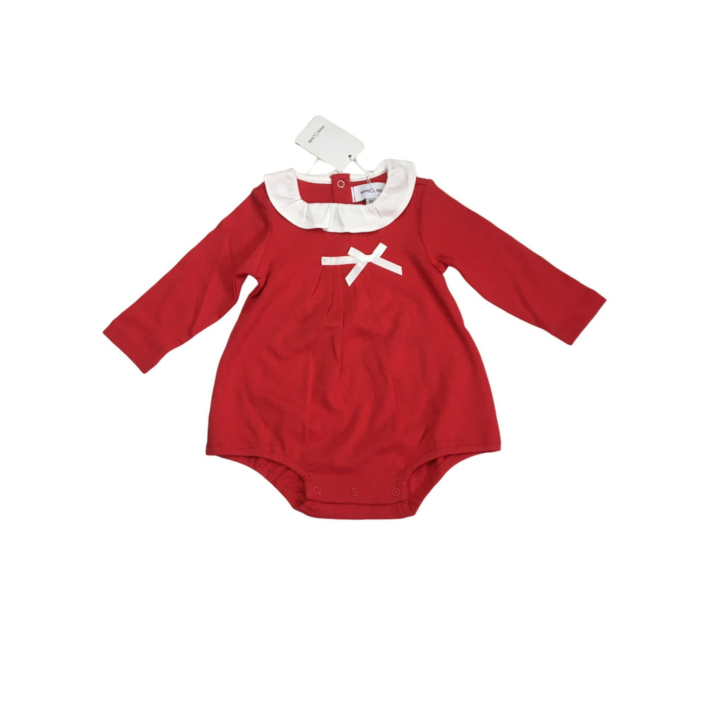 6M Red & White Collared Bow Detail Romper - Emmy & Belle