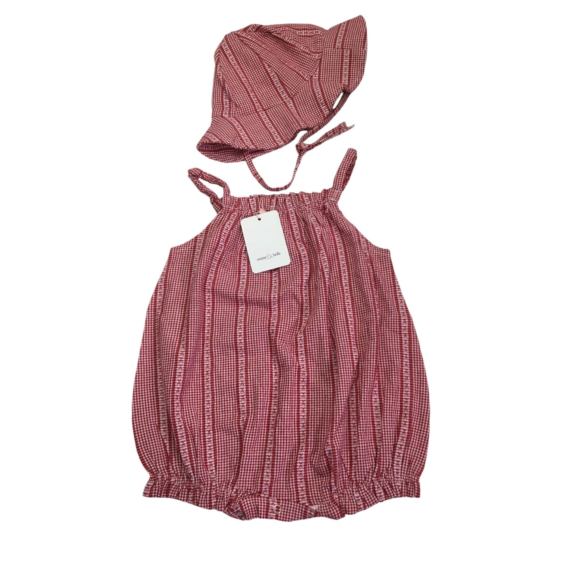 6M Red & White Checked Strappy Romper & Hat - Emmy & Belle
