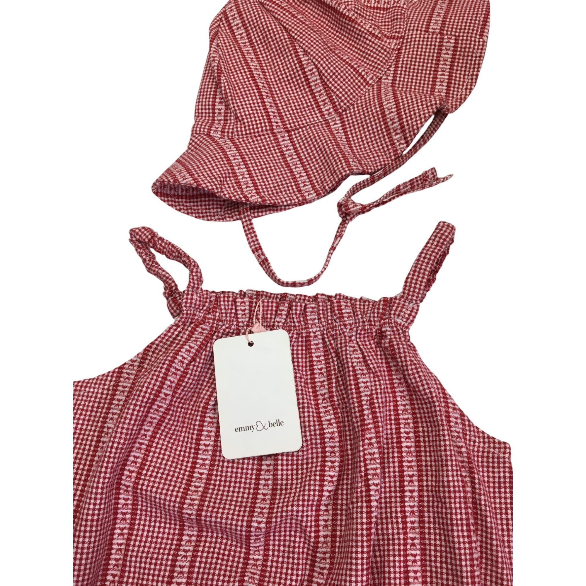 6M Red & White Checked Strappy Romper & Hat - Emmy & Belle