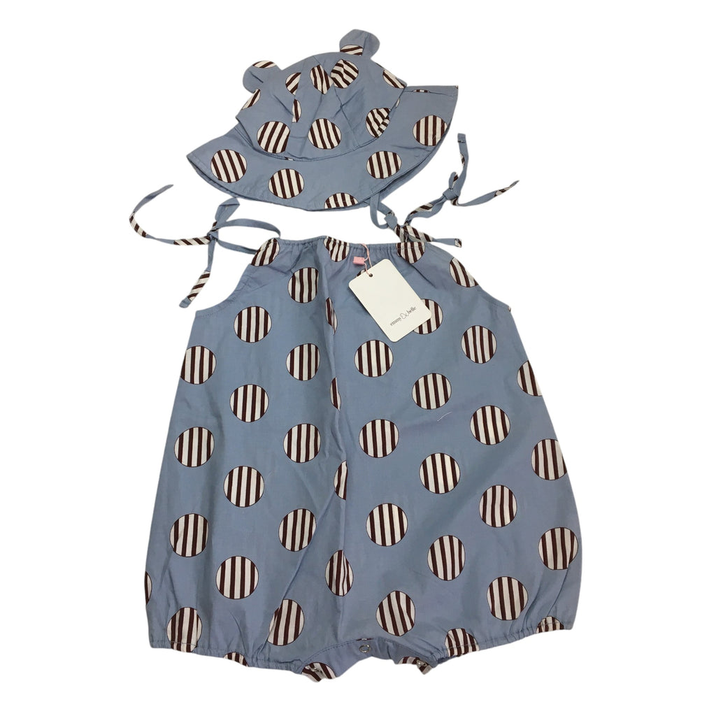 1Y Light Blue & Brown Strappy Circle Romper & Hat - Emmy & Belle