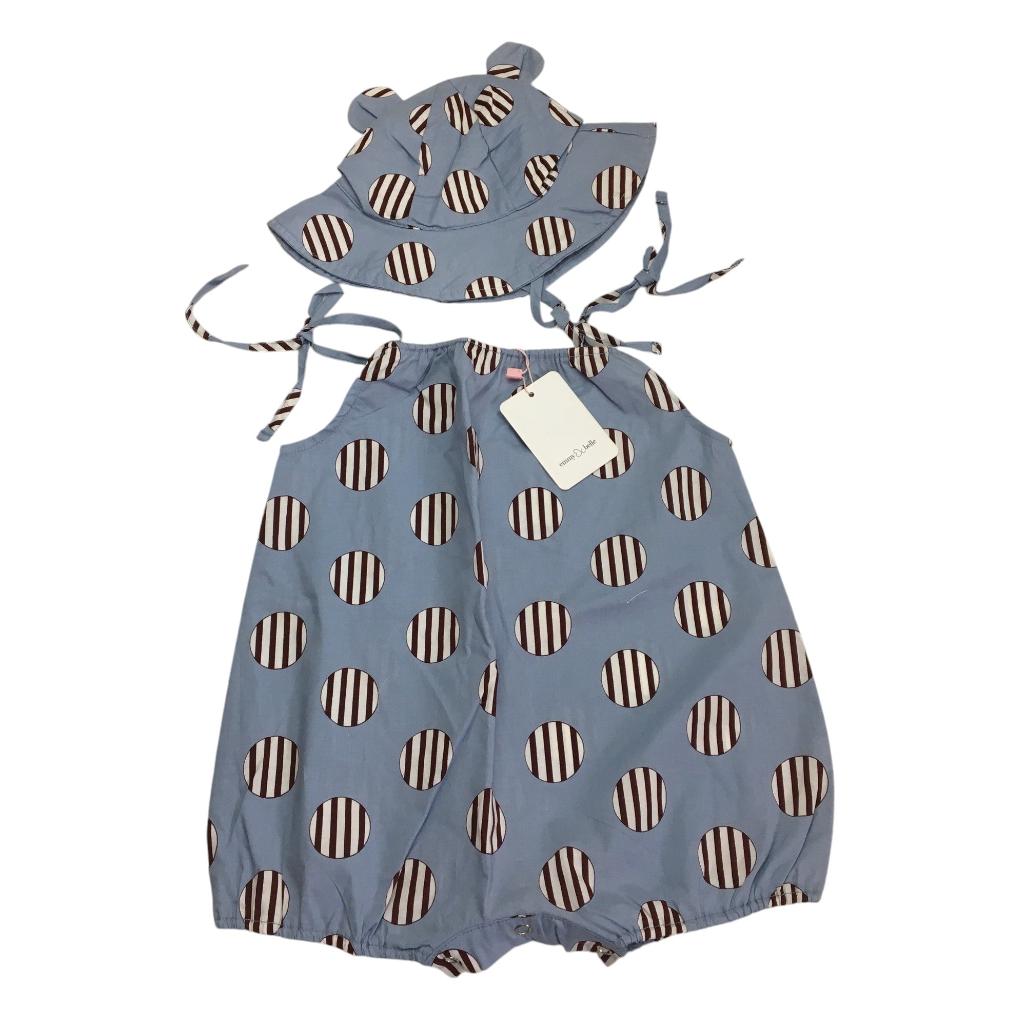 1Y Light Blue & Brown Strappy Circle Romper & Hat - Emmy & Belle