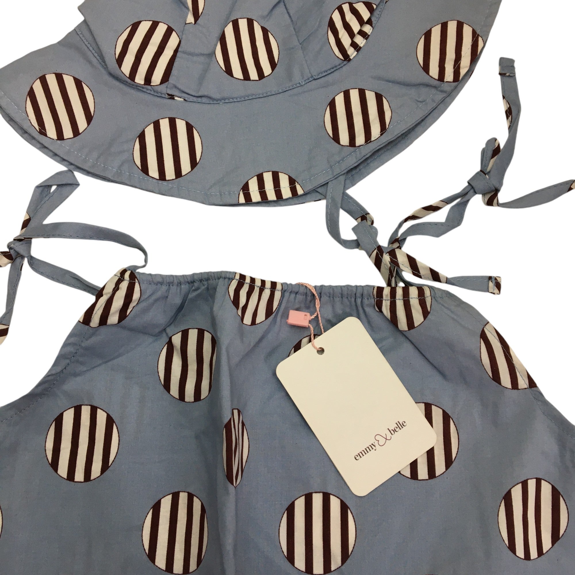1Y Light Blue & Brown Strappy Circle Romper & Hat - Emmy & Belle