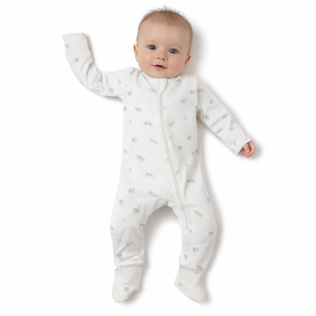 6-12M Beige classic printed cotton onesie with zip - Wilson & Frenzy Australia