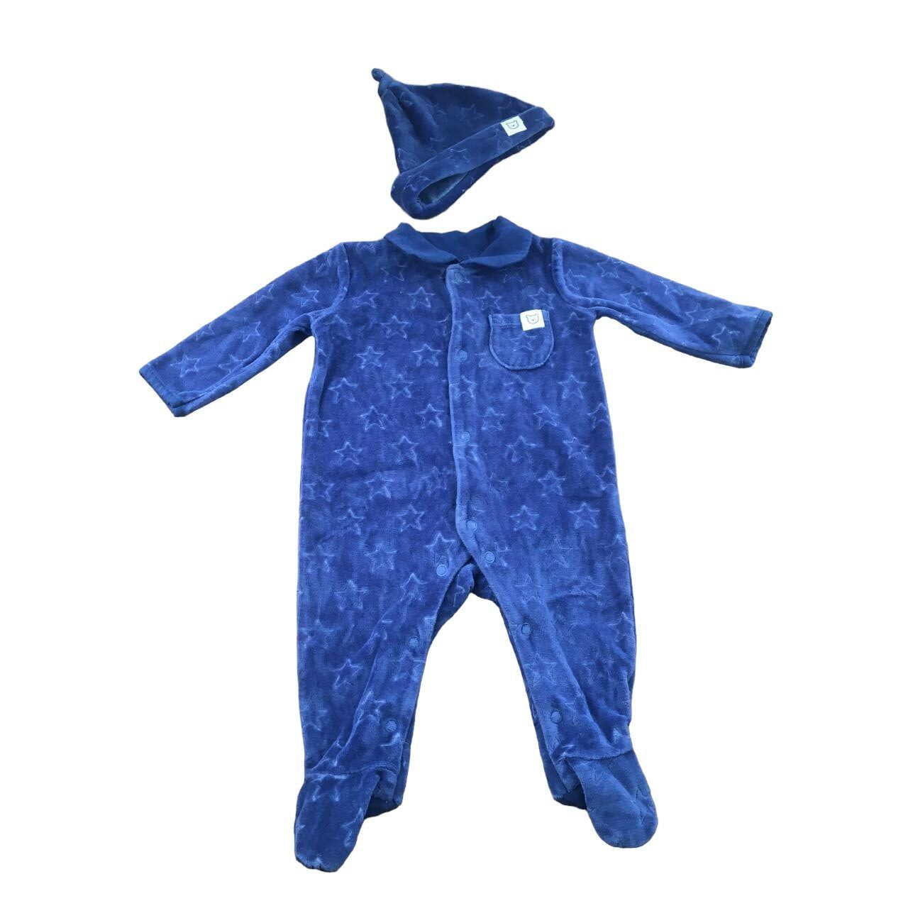 Newborn Dark Blue Star Embossed Velour Onesie & Beanie - St Bernard