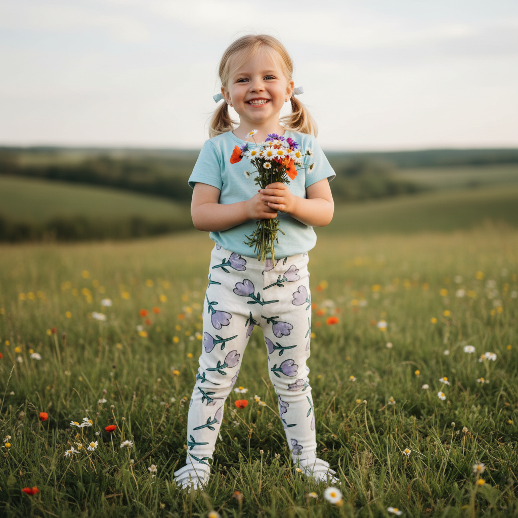 5-6Y Floral Ribbed purple & Green flower leggings - Zara
