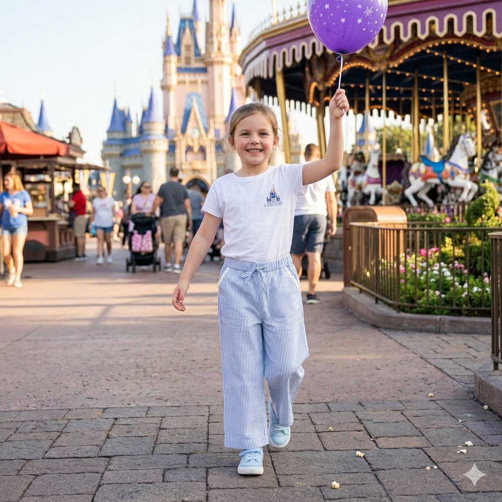 6-7Y Light Blue & White striped cotton long trousers with crochet pocket detail - Cotton On