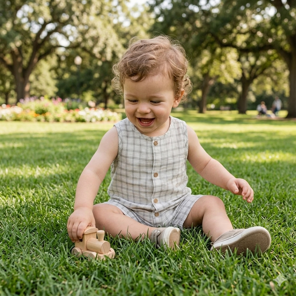 6-12M Cream & Light Brown buttoned classic romper - H & M