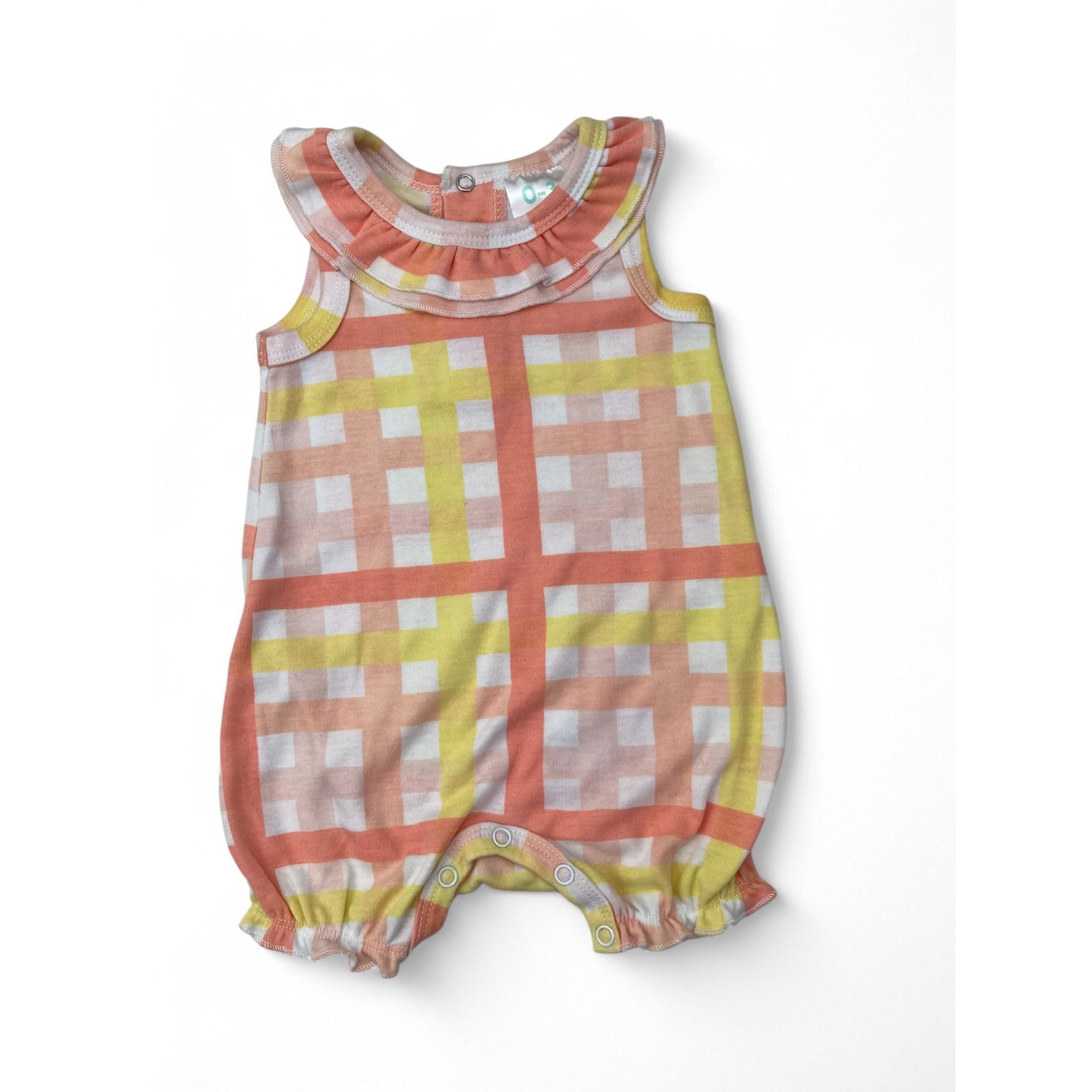 0-3M Peach & Yellow Frill Detail Check Romper - Cuddlesome