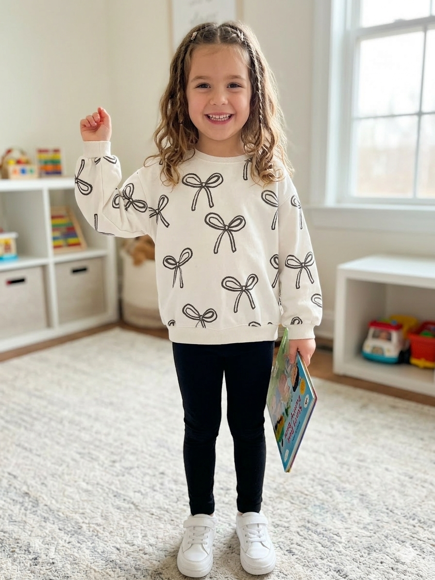 5-6Y Cream & Grey bow detail sweater - Zara