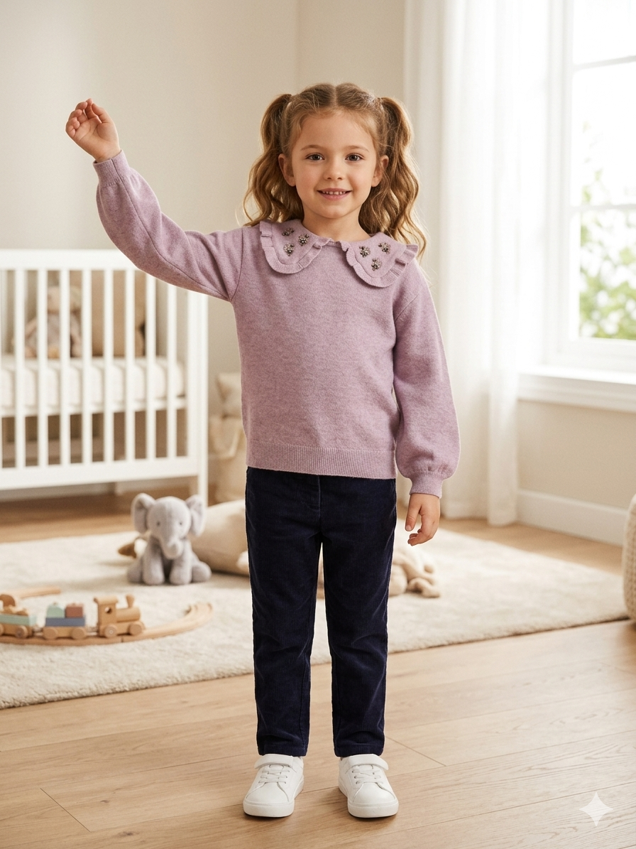 5-6Y Mauve knitted sweater with classic collar & flower detail - Zara