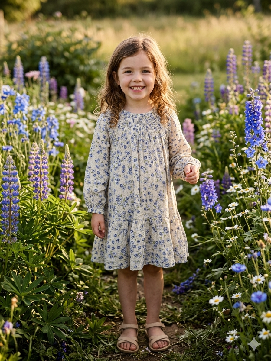 4-5Y Beige & Blue floral detailed cotton dress - Zara