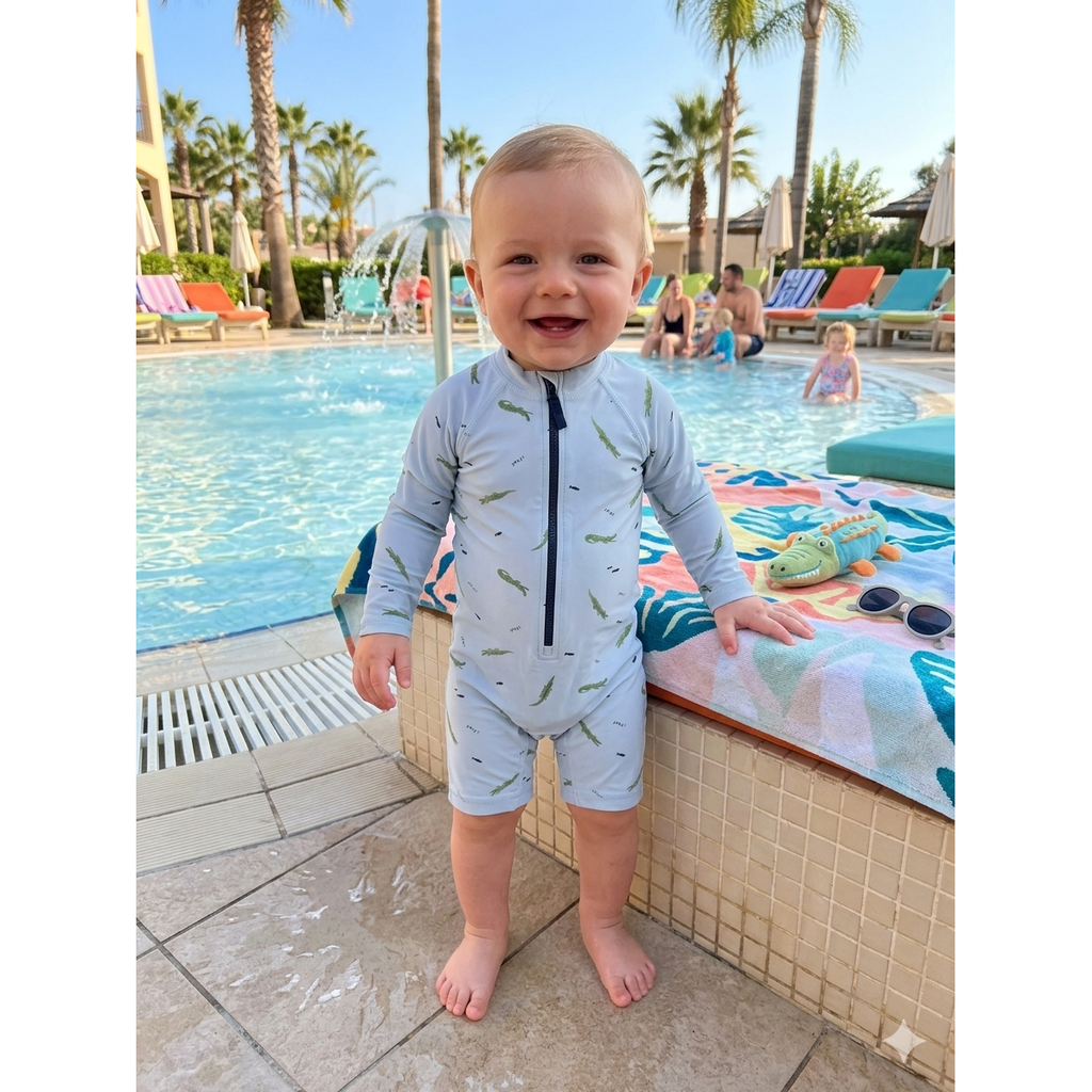 6-12M Blue crocodile long sleeve swimsuit - The little company London