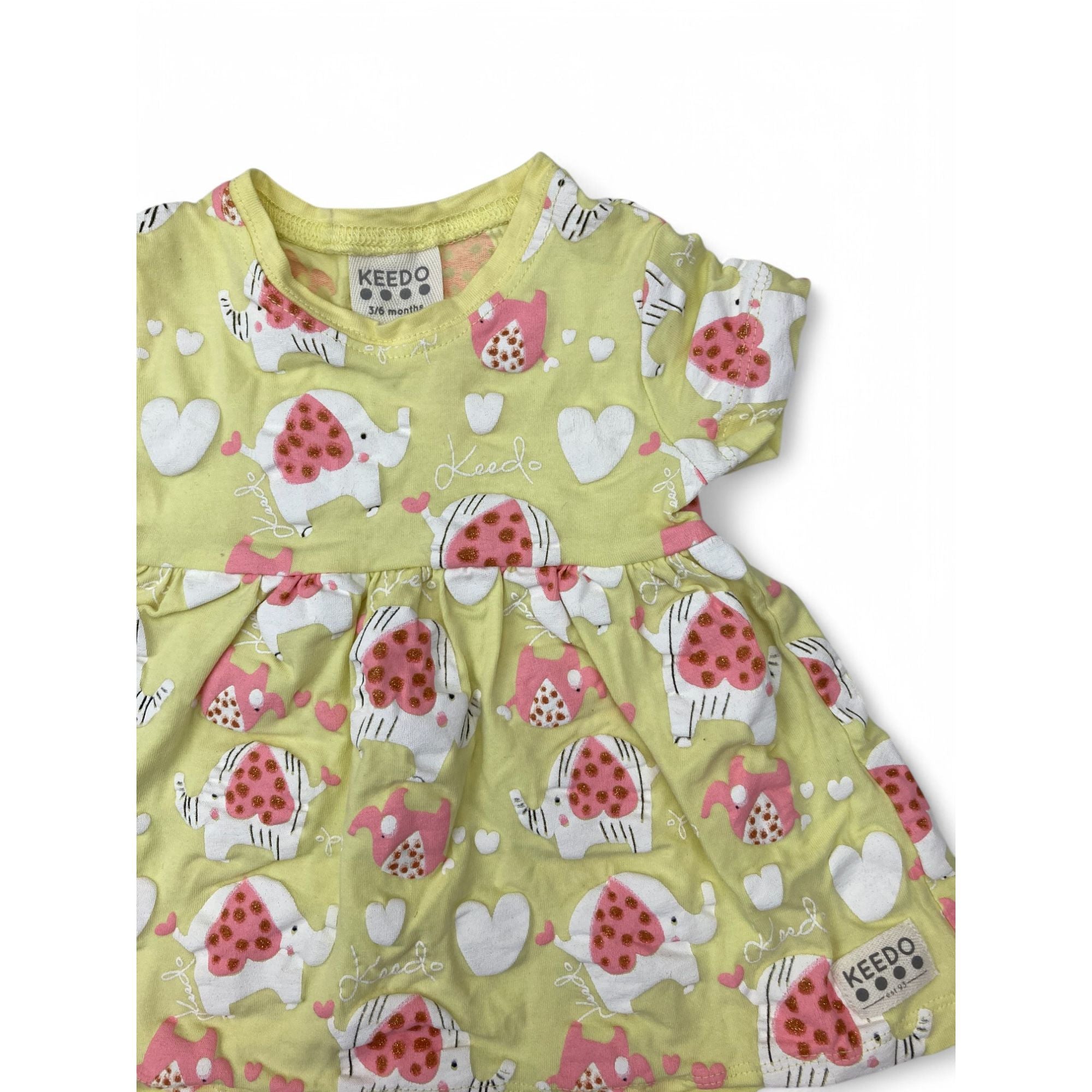 3-6M Lemon Yellow & Pink Glitter Elephant Tunic - Keedo