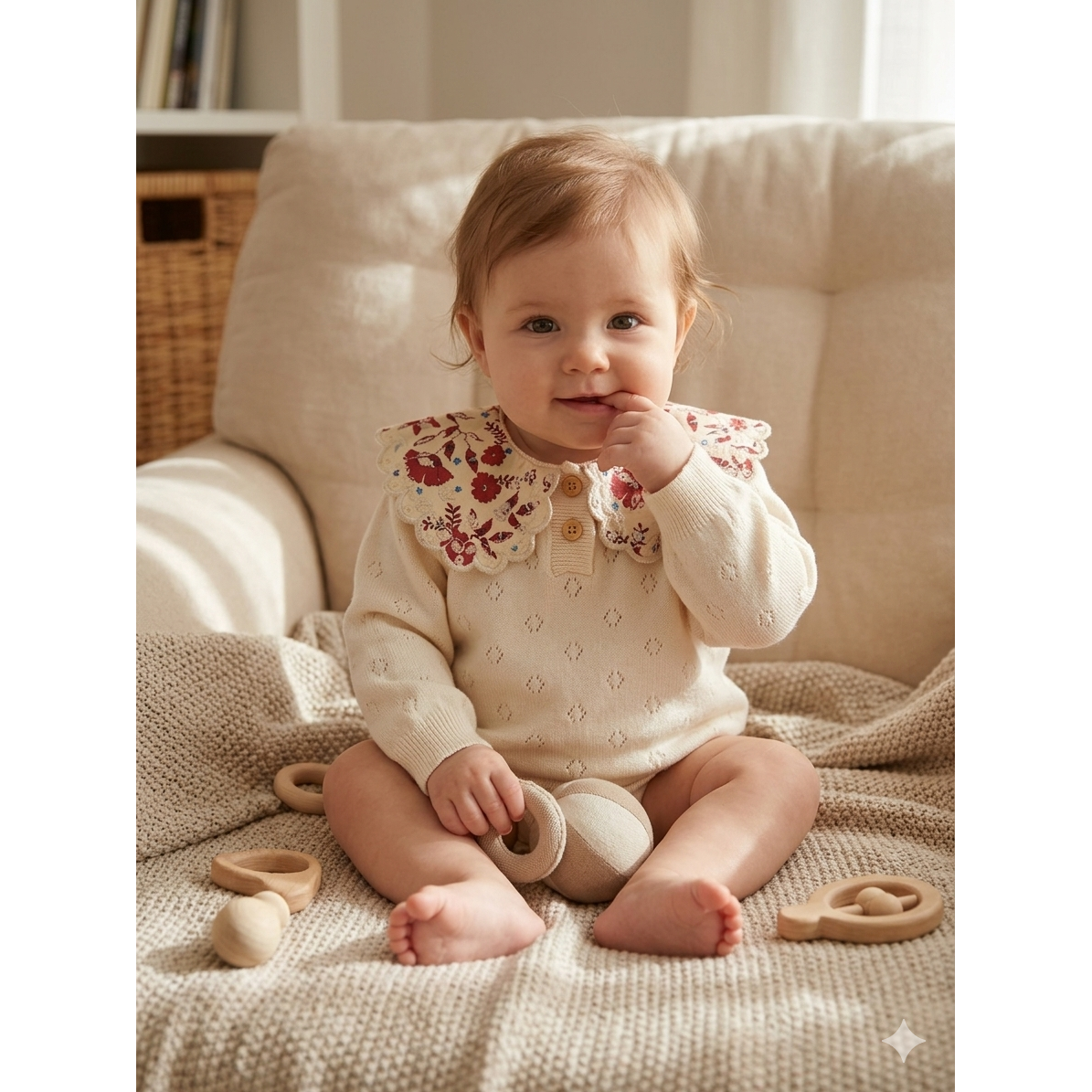 6-12M NEW Cream jersey with scallop floral collar - Engepapa