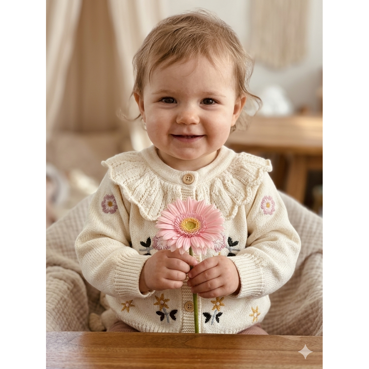6-12M NEW cream floral jersey with embroidery and frill neck - Engepapa