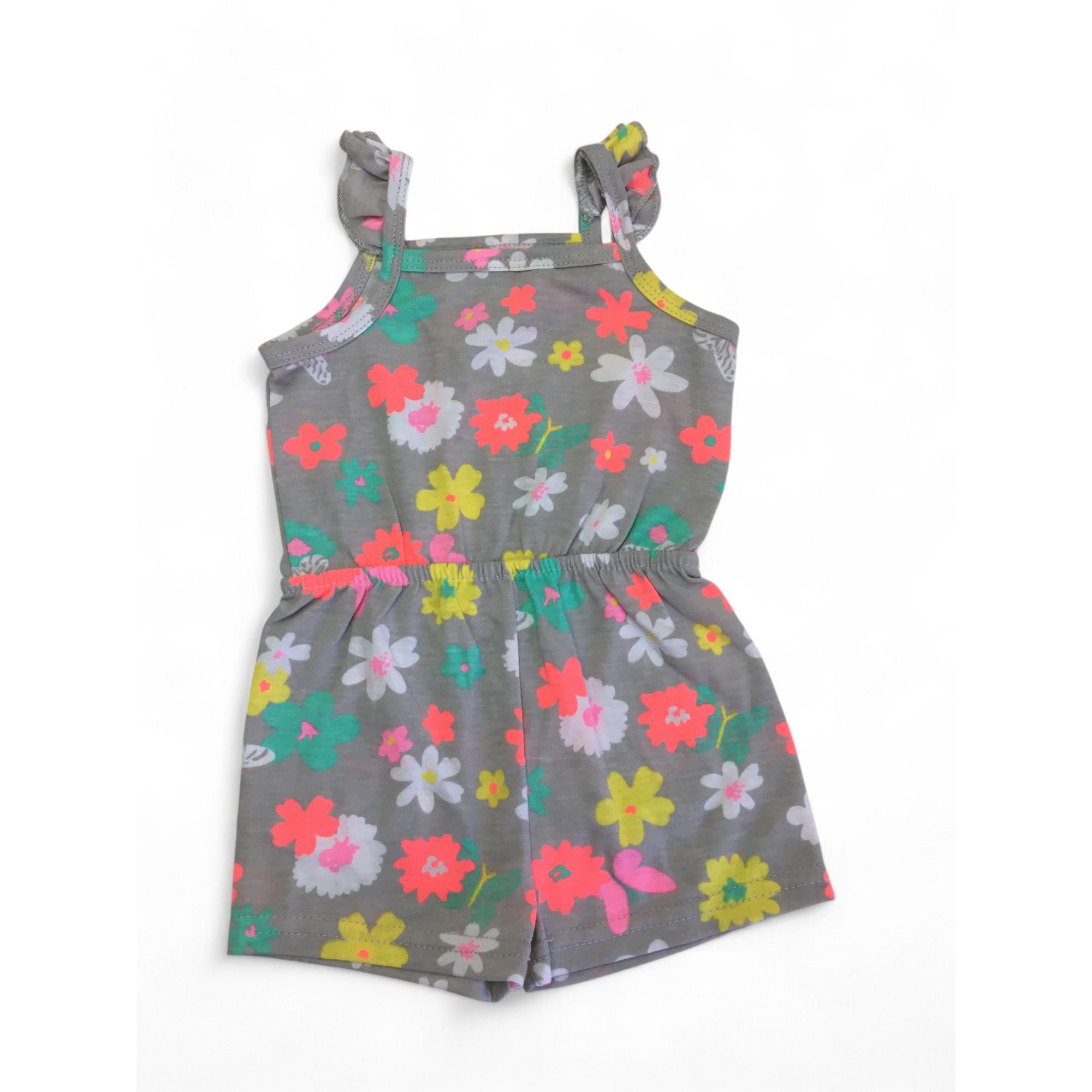3-6M Grey Neon Floral Strappy Romper - Cuddlesome