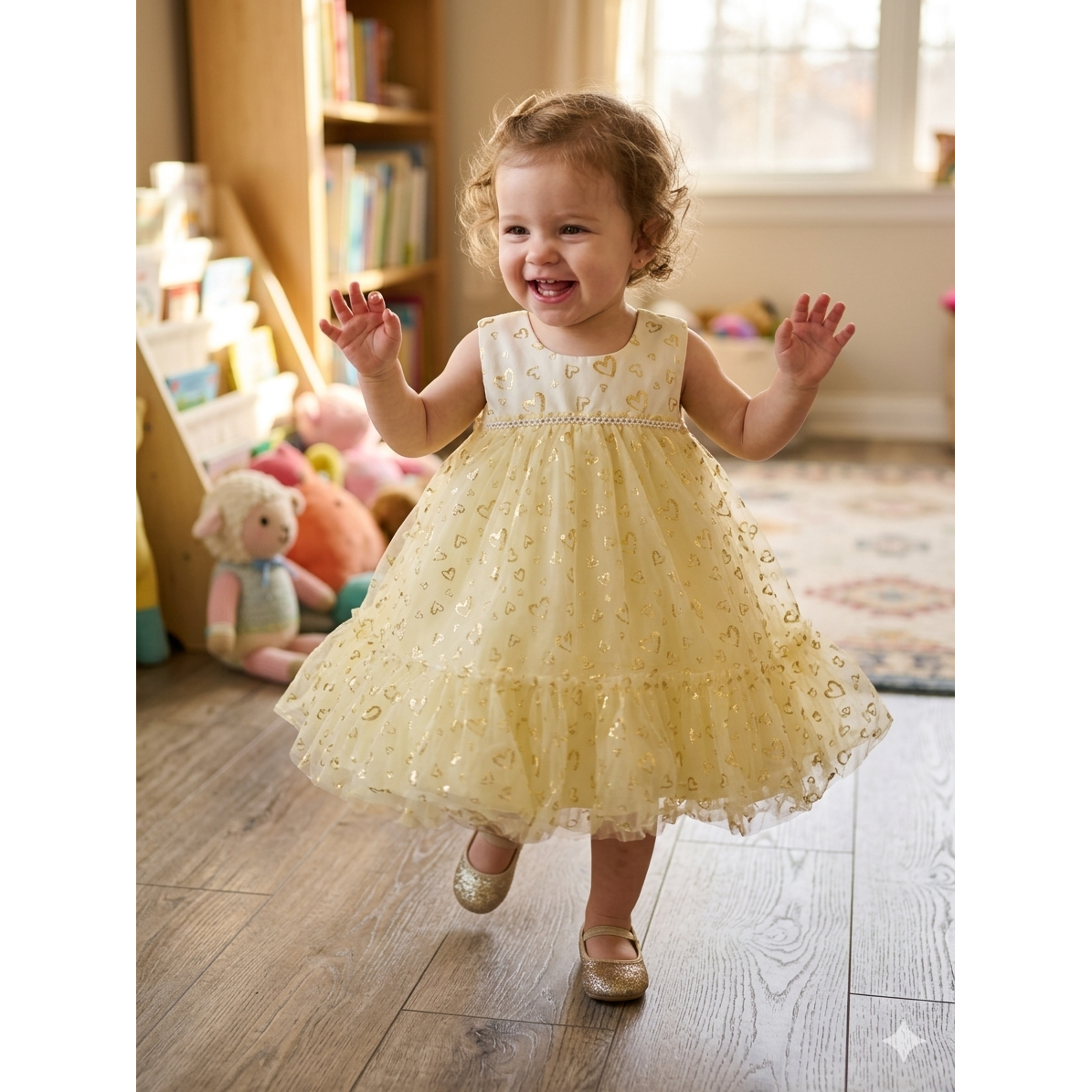 6-12M NEW light yellow & gold heart tulle dress - Jet