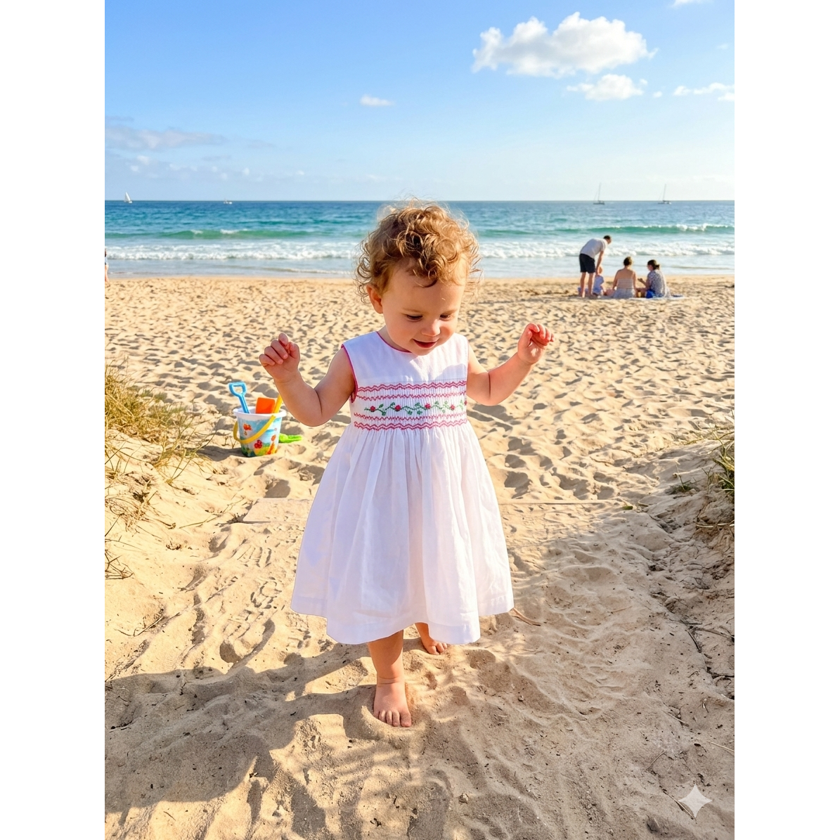 6-12M White cotton shirred rose detail cotton dress