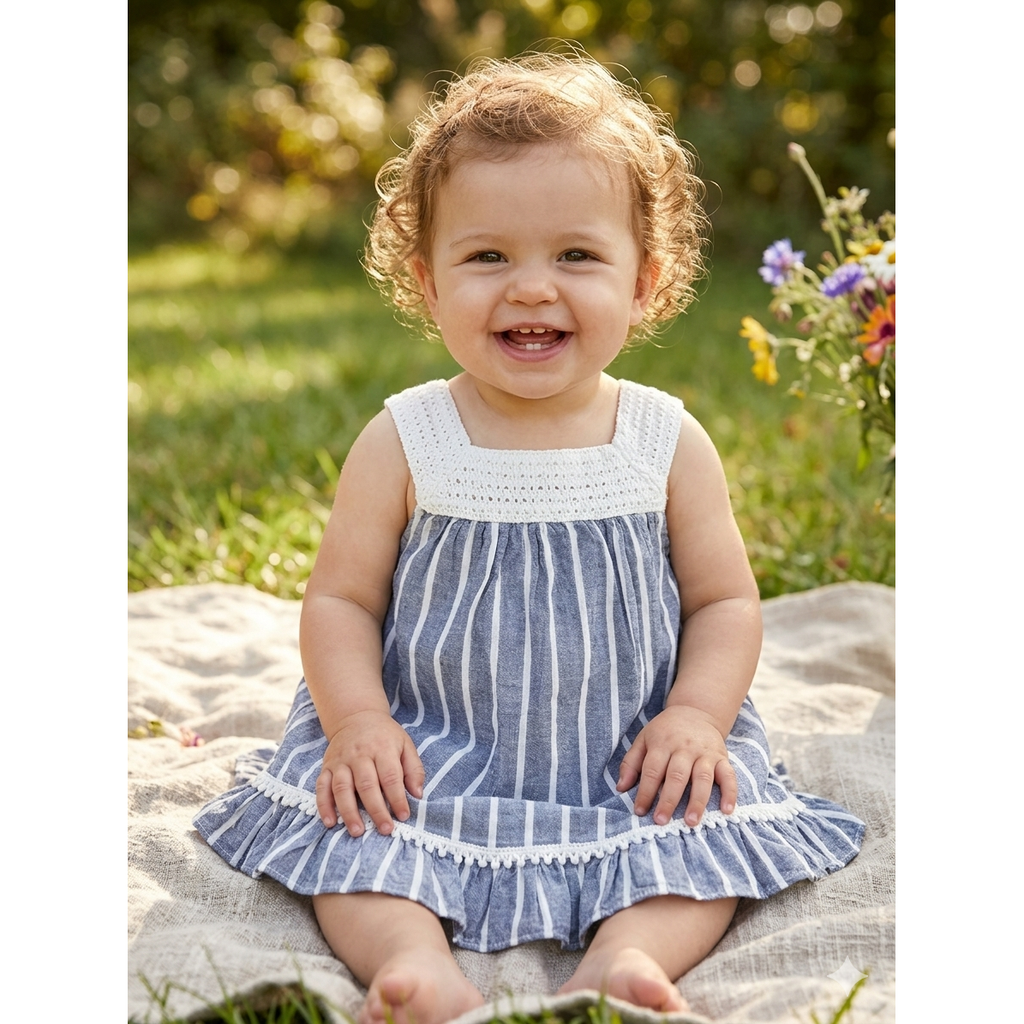 6-12M Blue & white stripe chambray babydoll tunic