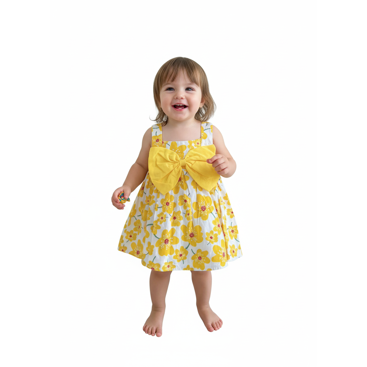 8M White & yellow poppy bow back cotton dress
