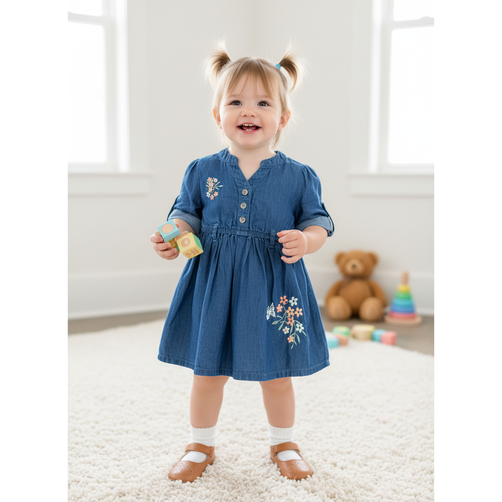 12-18M Dark blue embroidered denim easy waist tunic dress - Ackermans
