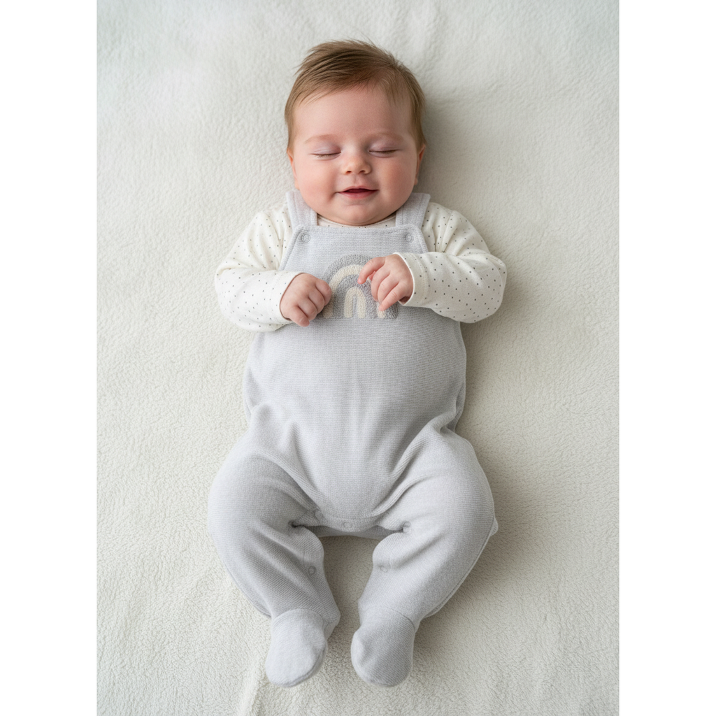 0-3M Cream & Grey rainbow velour dungaree & t-shirt set - Tiny Tots