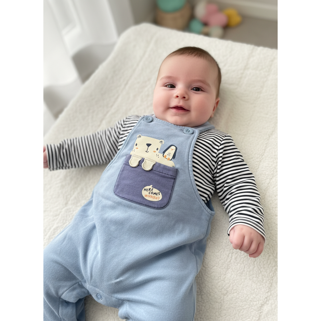 1-3M Blue & Navy bear overall & stripe t-shirt - Woolworths