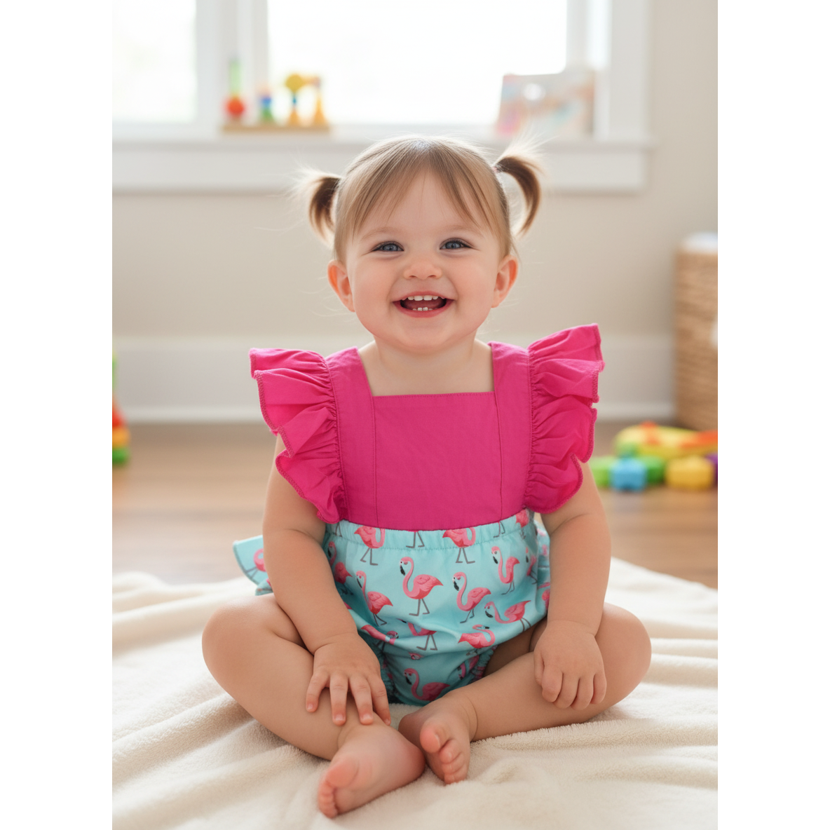 9M Cerise pink & Aqua flamingo overall romper