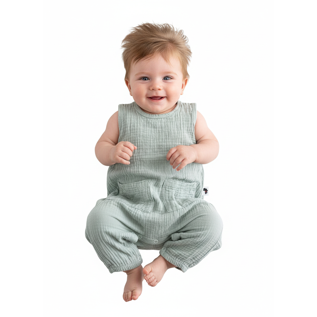 3-6M Mint green cotton sleeveless romper - Baba Fishees