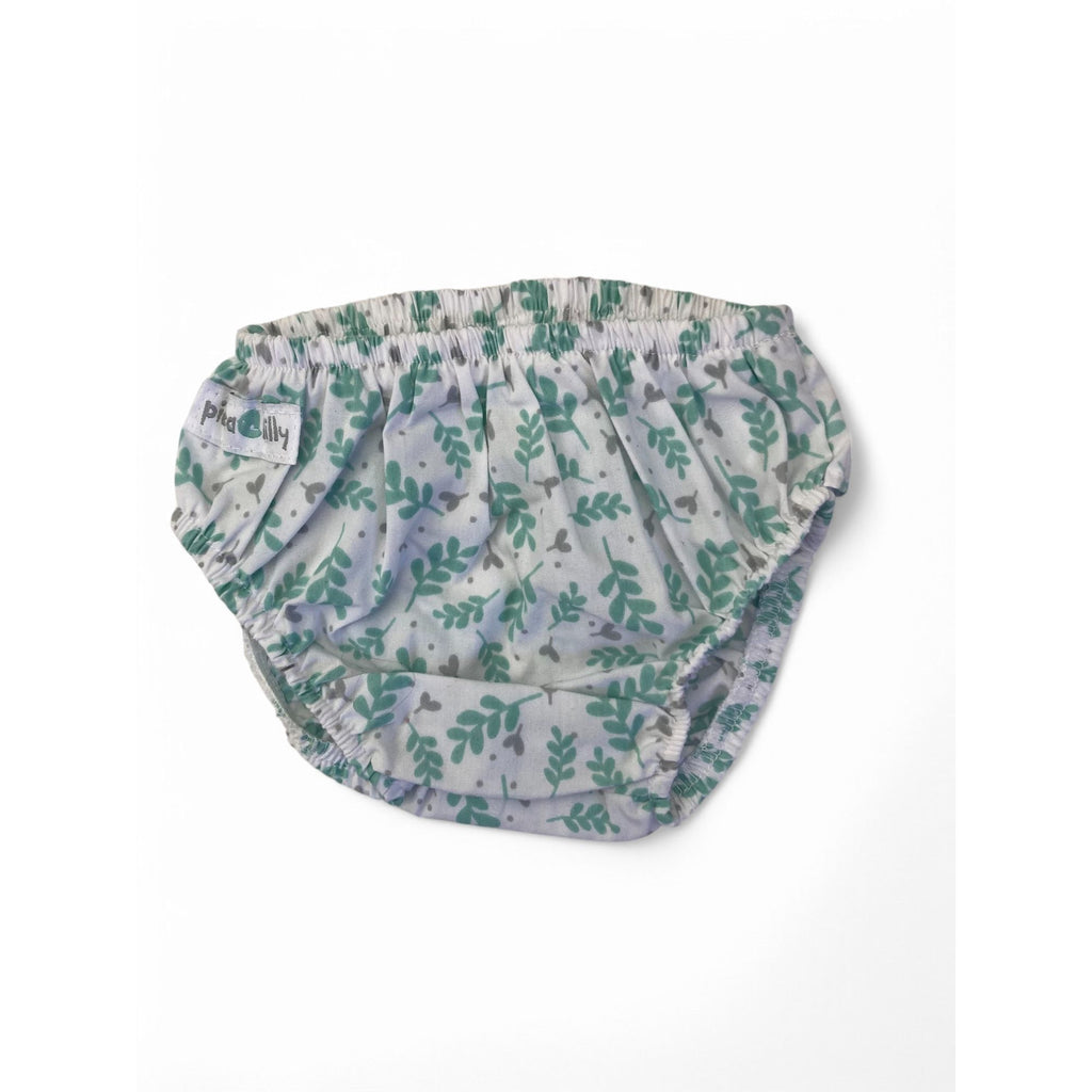 3-6M White, Grey & Green Vine Ruffle Back Bloomer - Pickalilly