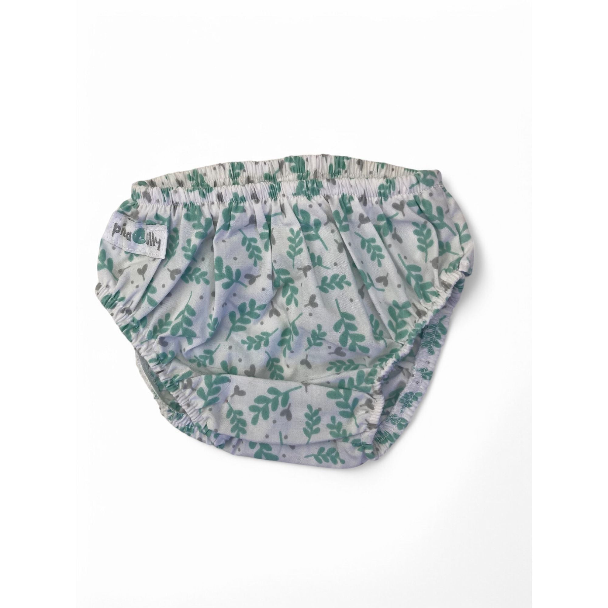 3-6M White, Grey & Green Vine Ruffle Back Bloomer - Pickalilly