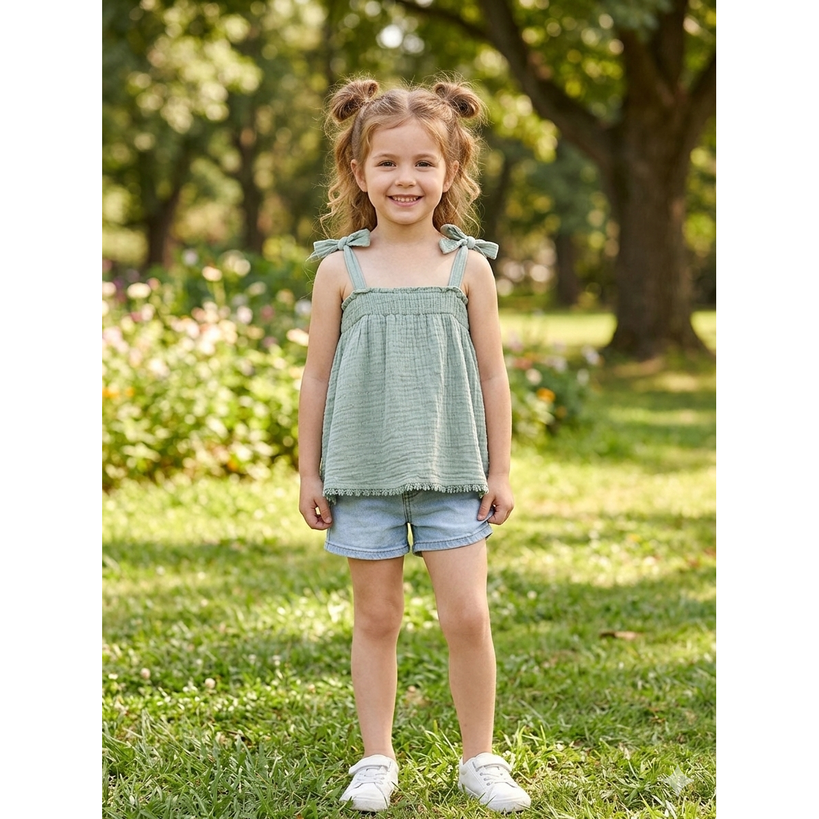 5-6 Sage green cotton top with straps - R & B Organics
