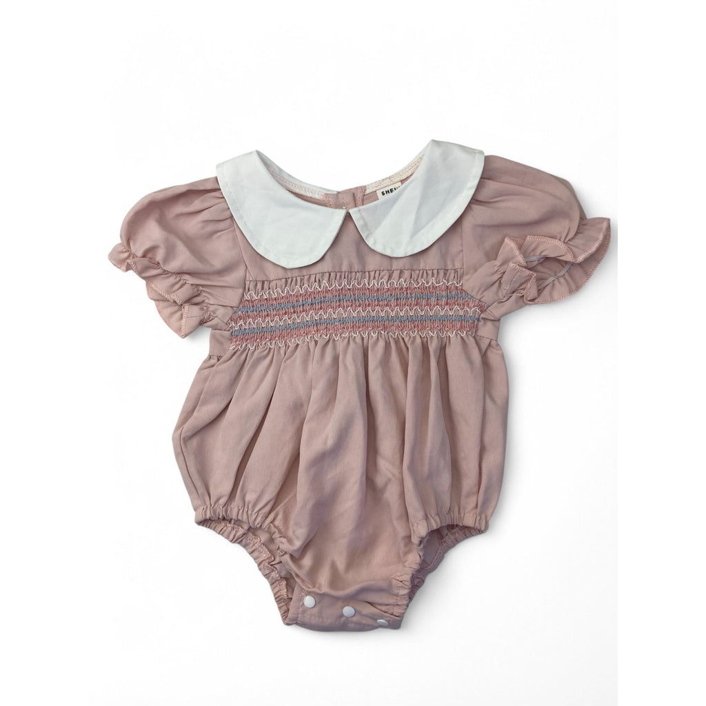 3-6M Light Pink Collared Smocked Romper - Shein